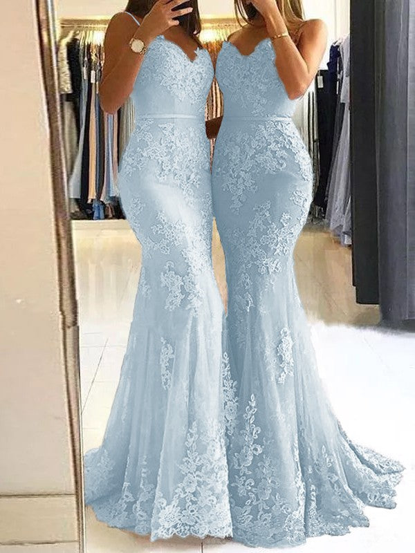 Sheath Spaghetti Straps Sleeveless Sweep/Brush Train With Lace Tulle Prom Dress