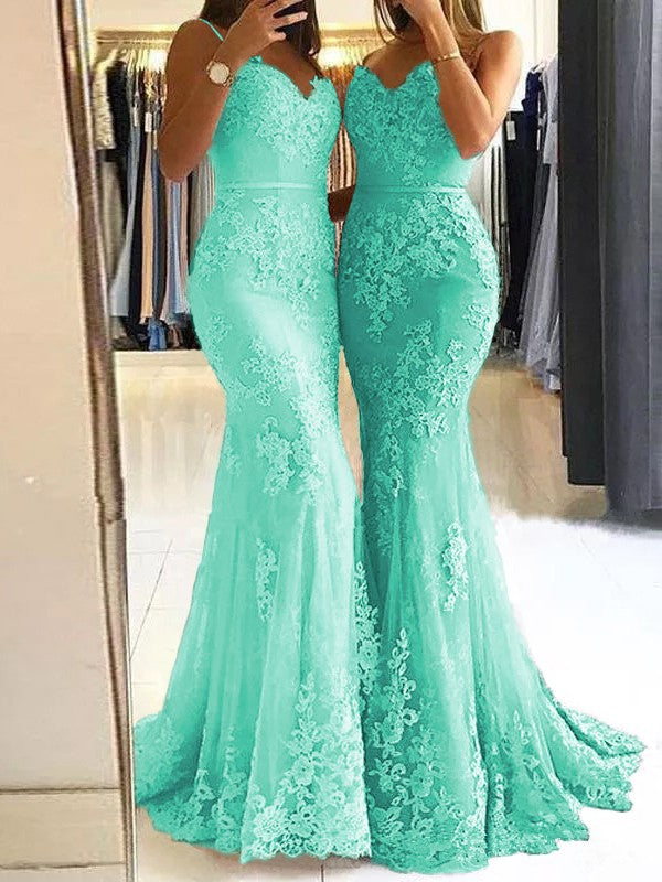 Sheath Spaghetti Straps Sleeveless Sweep/Brush Train With Lace Tulle Prom Dress