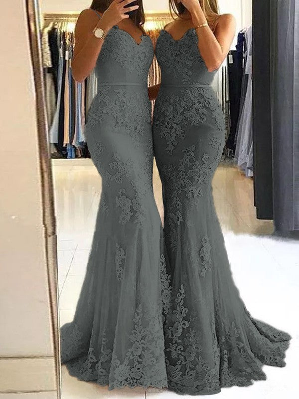 Sheath Spaghetti Straps Sleeveless Sweep/Brush Train With Lace Tulle Prom Dress
