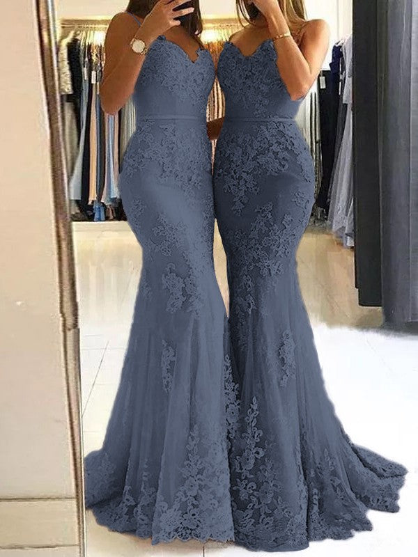 Sheath Spaghetti Straps Sleeveless Sweep/Brush Train With Lace Tulle Prom Dress