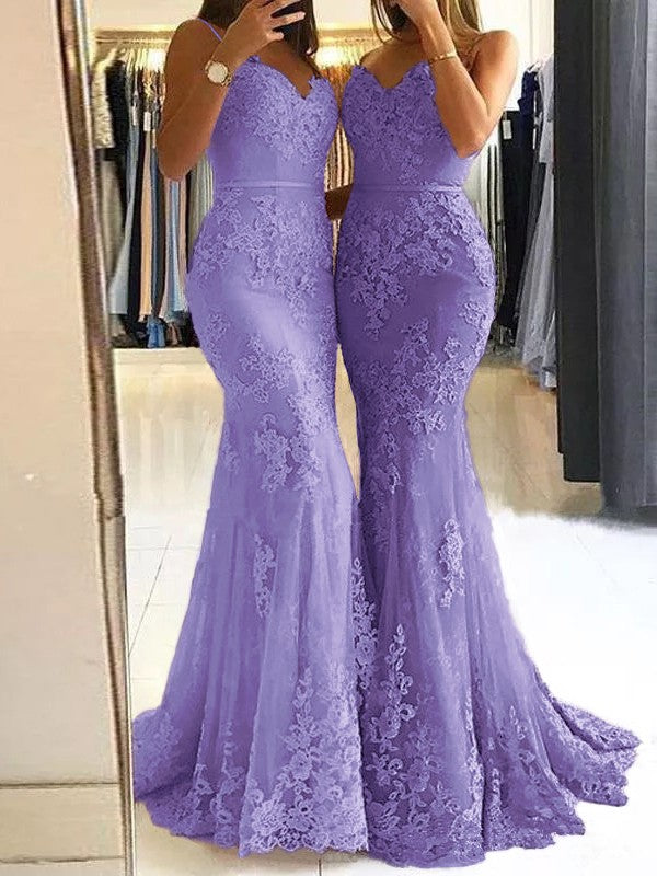 Sheath Spaghetti Straps Sleeveless Sweep/Brush Train With Lace Tulle Prom Dress