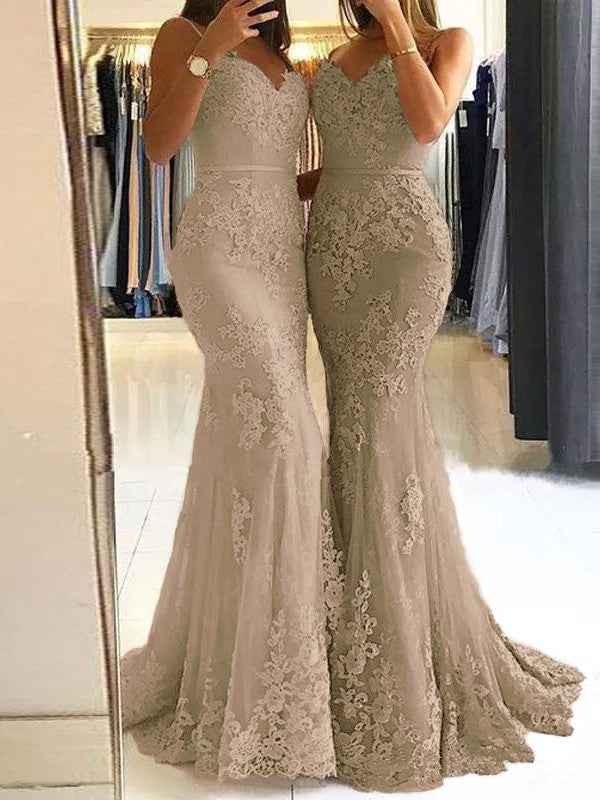 Sheath Spaghetti Straps Sleeveless Sweep/Brush Train With Lace Tulle Prom Dress