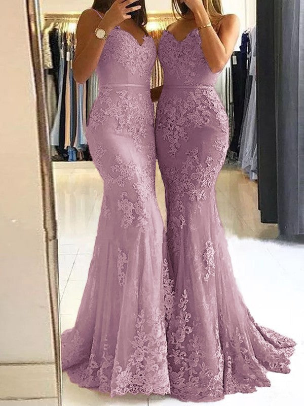 Sheath Spaghetti Straps Sleeveless Sweep/Brush Train With Lace Tulle Prom Dress