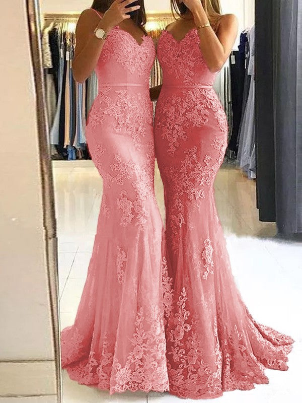 Sheath Spaghetti Straps Sleeveless Sweep/Brush Train With Lace Tulle Prom Dress