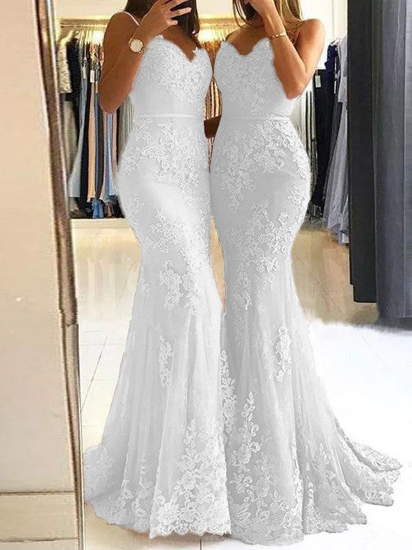 Sheath Spaghetti Straps Sleeveless Sweep/Brush Train With Lace Tulle Prom Dress