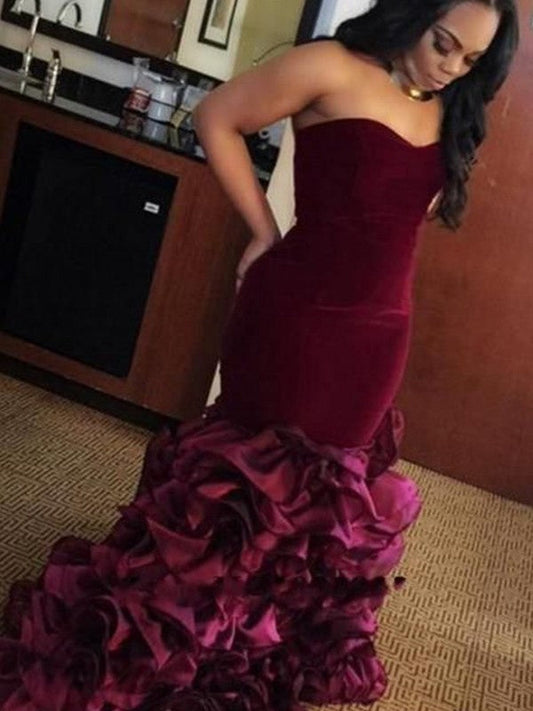 Mermaid Sweetheart Sleeveless Floor-Length With Ruffles Velvet Prom Dress