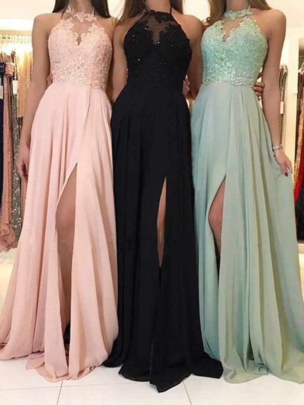 A-Line Halter With Applique Sleeveless With Ruched Sweep/Brush Train Chiffon Prom Dress