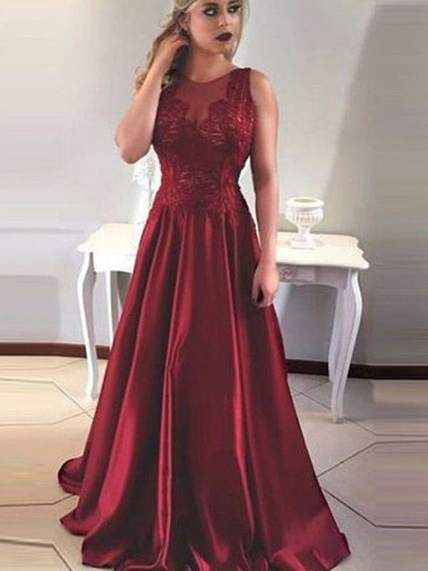 A-Line Scoop Sleeveless Sweep/Brush Train With Applique With Ruched Satin Prom Dress