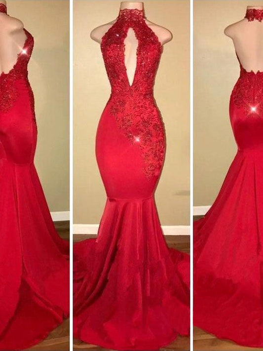 Mermaid Halter Sleeveless Sweep/Brush Train With Applique Charmeuse Prom Dress