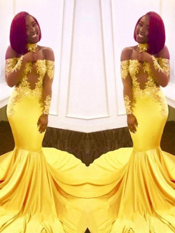Mermaid Off-the-Shoulder Long Sleeves Sweep/Brush Train With Applique Elastic Woven Satin Prom Dress