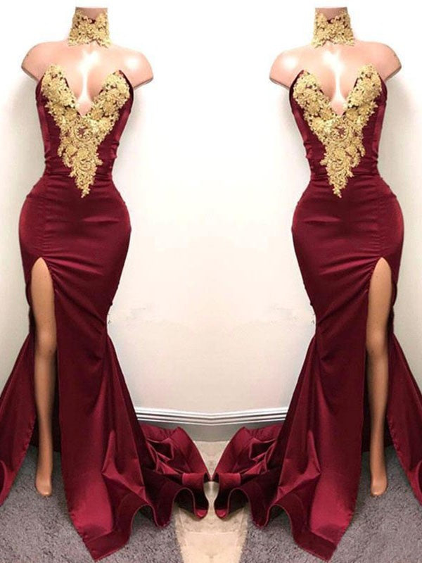 Mermaid Sweetheart Sleeveless Sweep/Brush Train With Applique Satin Prom Dress