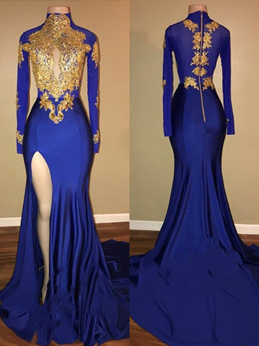 Mermaid High Neck Long Sleeves Sweep/Brush Train With Applique Spandex Prom Dress