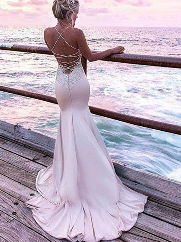 Mermaid Straps Sleeveless Sweep/Brush Train Silk like Satin Prom Dress