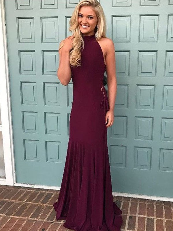 Mermaid Halter Sleeveless Floor-Length Satin With Ruched Prom Dress