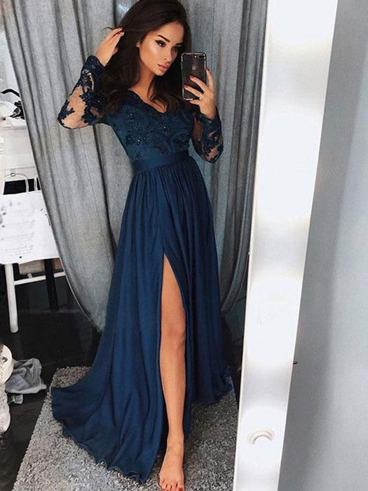 A-Line V-neck Long Sleeves Sweep/Brush Train With Applique With Ruched Satin Chiffon Prom Dress