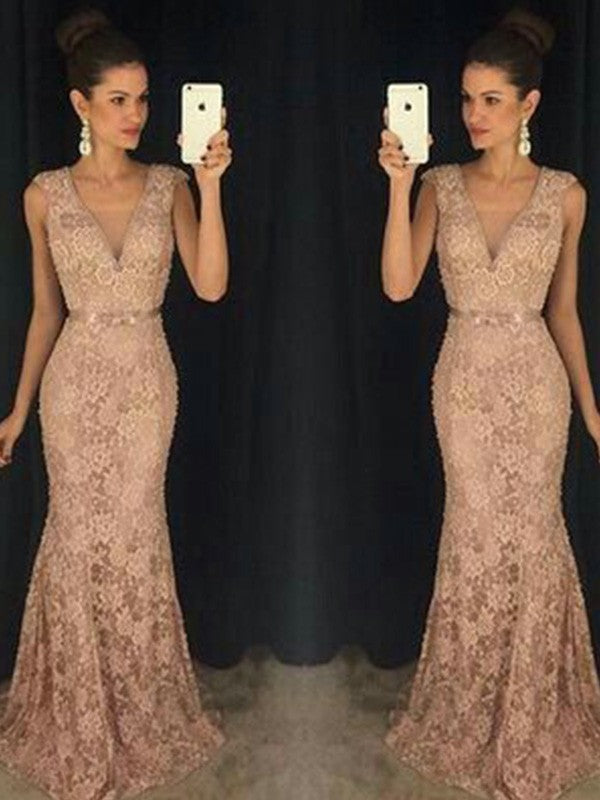 Mermaid V-neck Sleeveless Lace Sweep/Brush Train Prom Dress
