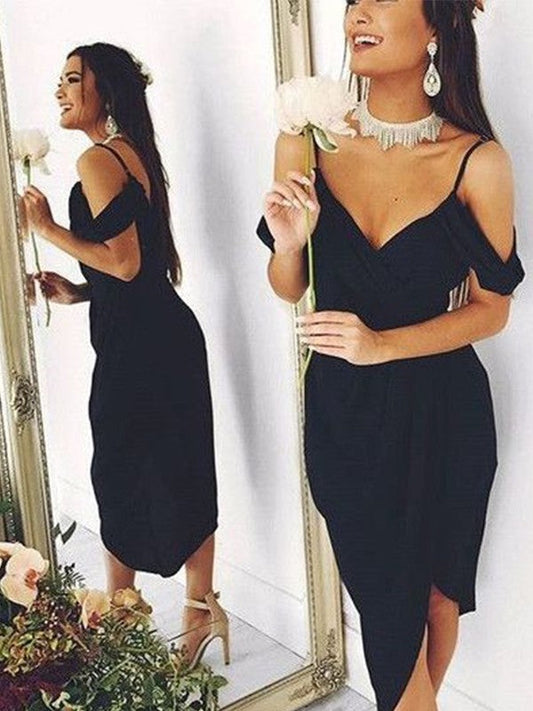 Sheath Spaghetti Straps Short Sleeves Stretch Crepe Asymmetrical Homecoming Dress