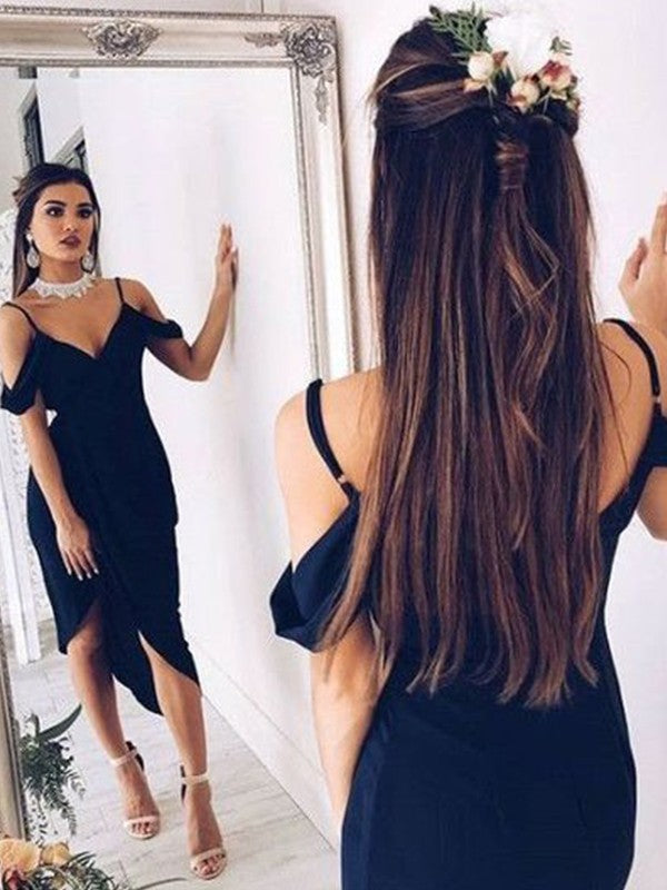 Sheath Spaghetti Straps Short Sleeves Stretch Crepe Asymmetrical Homecoming Dress