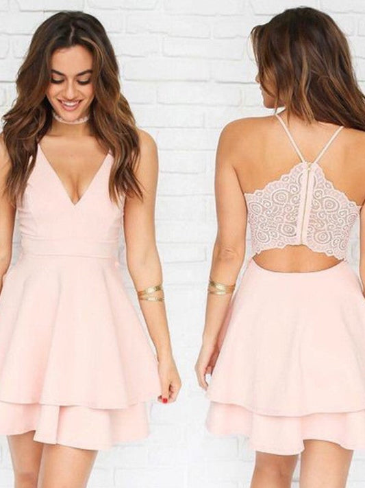 A-Line V-neck Stretch Crepe Sleeveless Pleats Short/Mini Homecoming Dress