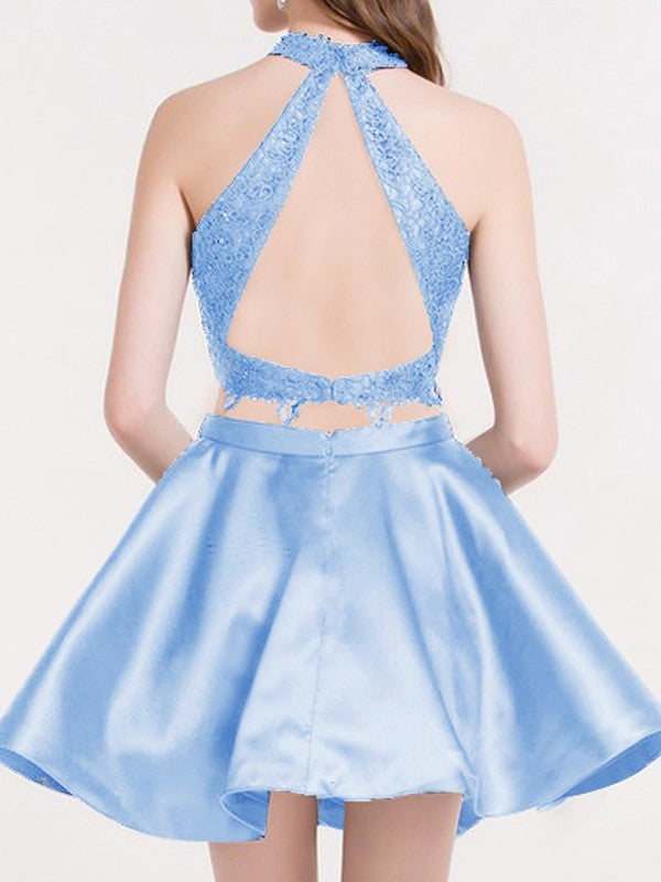 A-Line Satin Lace Sleeveless Halter Short/Mini Two Piece Homecoming Dress