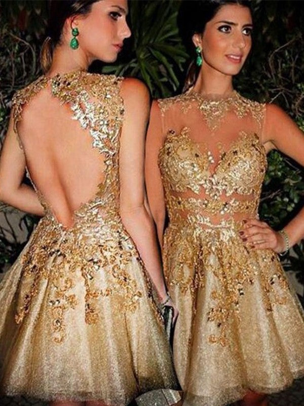 A-Line Bateau Sleeveless Tulle With Applique Short/Mini Homecoming Dress