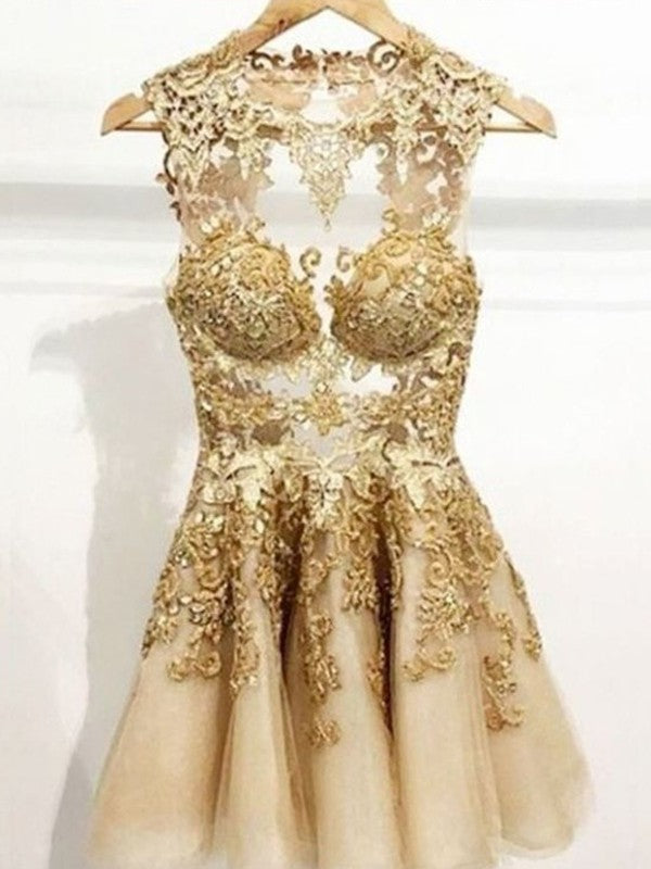 A-Line Bateau Sleeveless Tulle With Applique Short/Mini Homecoming Dress