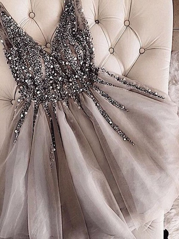 A-Line Sleeveless V-neck Tulle With Sequin Short/Mini Prom Dress