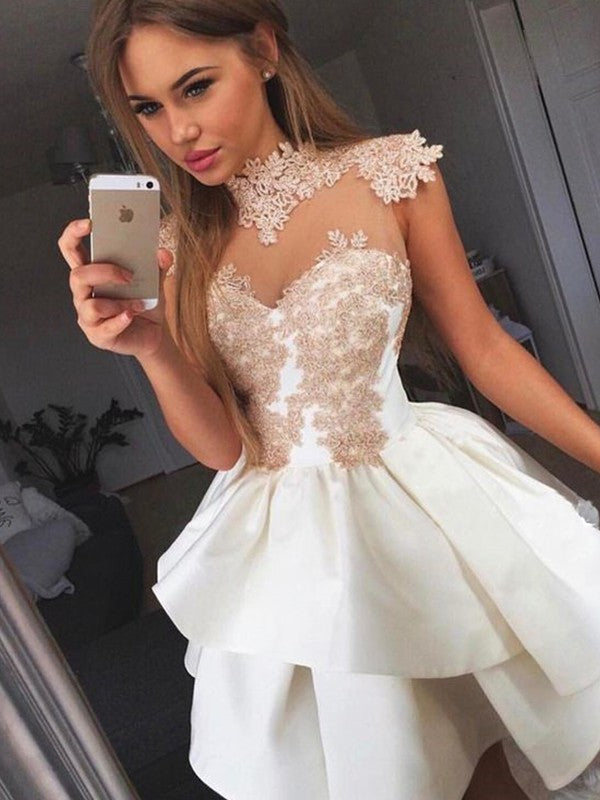 A-Line Sleeveless High Neck Satin With Applique Short/Mini Prom Dress