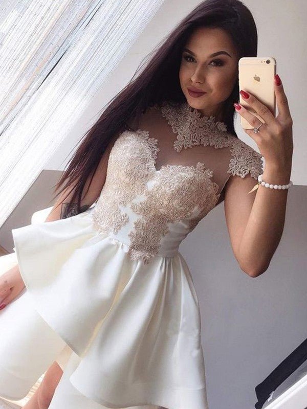 A-Line Sleeveless High Neck Satin With Applique Short/Mini Prom Dress