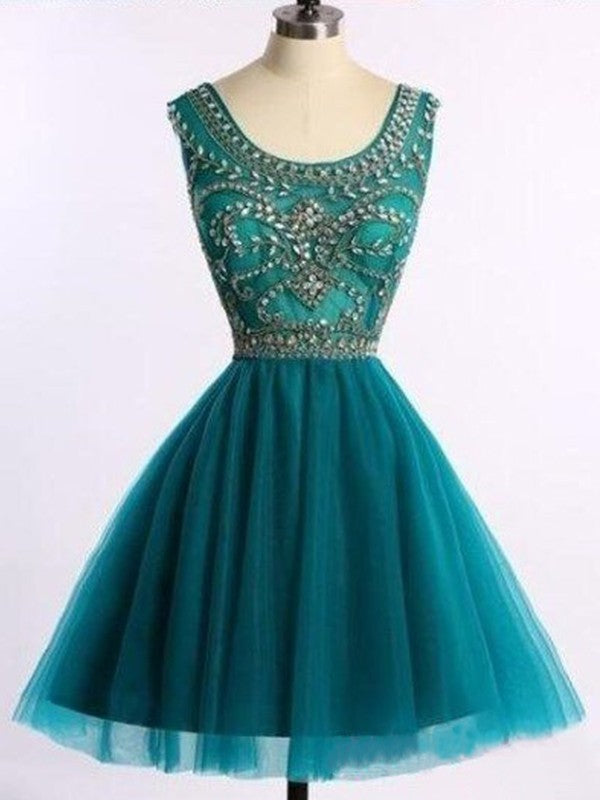 A-Line Sleeveless Scoop Tulle With Beading Short/Mini Prom Dress
