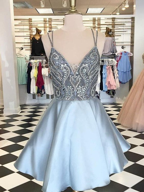 A-Line Sleeveless Spaghetti Straps Satin With Beading Short/Mini Prom Dress