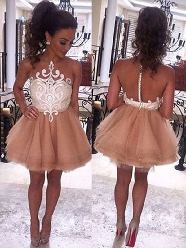 A-Line Sleeveless Bateau Tulle With Applique Short/Mini Prom Dress