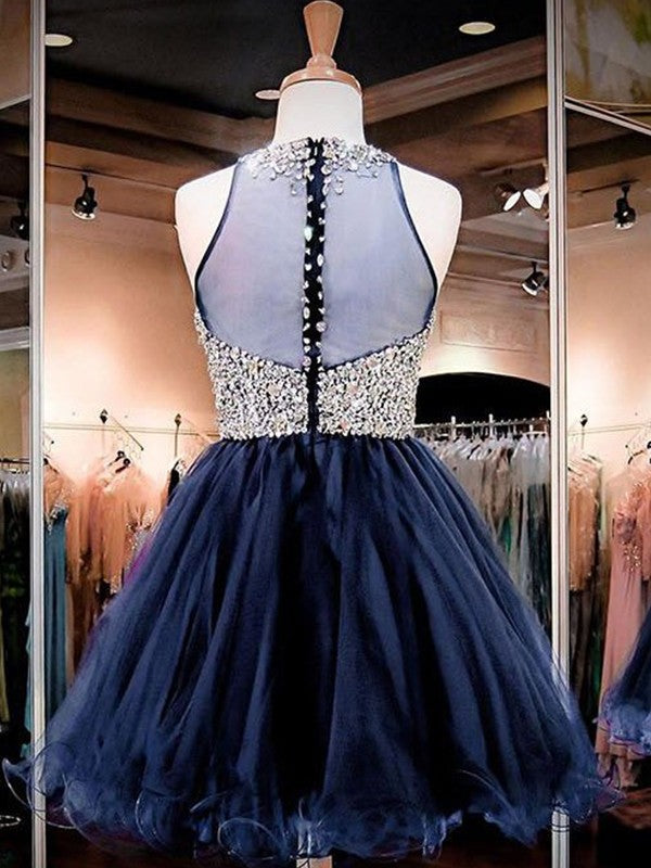 A-Line Sleeveless Bateau Tulle With Beading Short/Mini Prom Dress