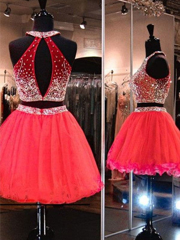 A-Line Sleeveless Halter Tulle With Beading Short/Mini Two Piece Prom Dress