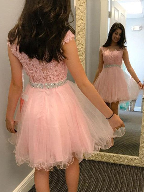 A-Line Sleeveless Bateau Tulle With Beading With Applique Short/Mini Prom Dress
