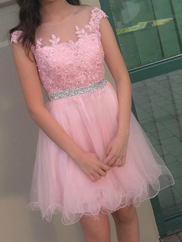 A-Line Sleeveless Bateau Tulle With Beading With Applique Short/Mini Prom Dress