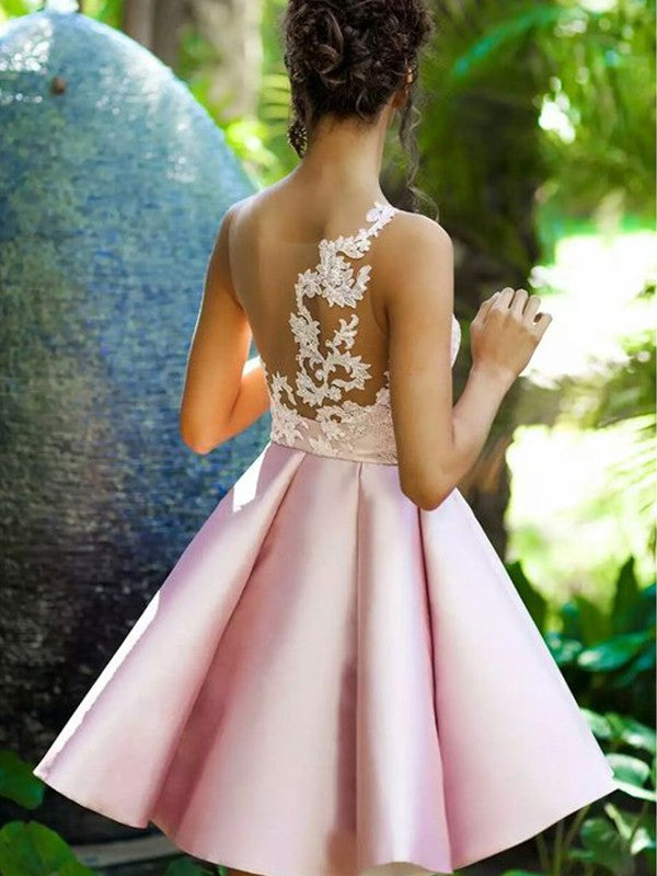 A-Line Sleeveless One-Shoulder Satin With Applique Short/Mini Prom Dress