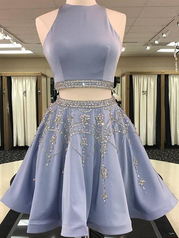 A-Line Sleeveless Bateau Charmeuse With Beading Short/Mini Two Piece Prom Dress