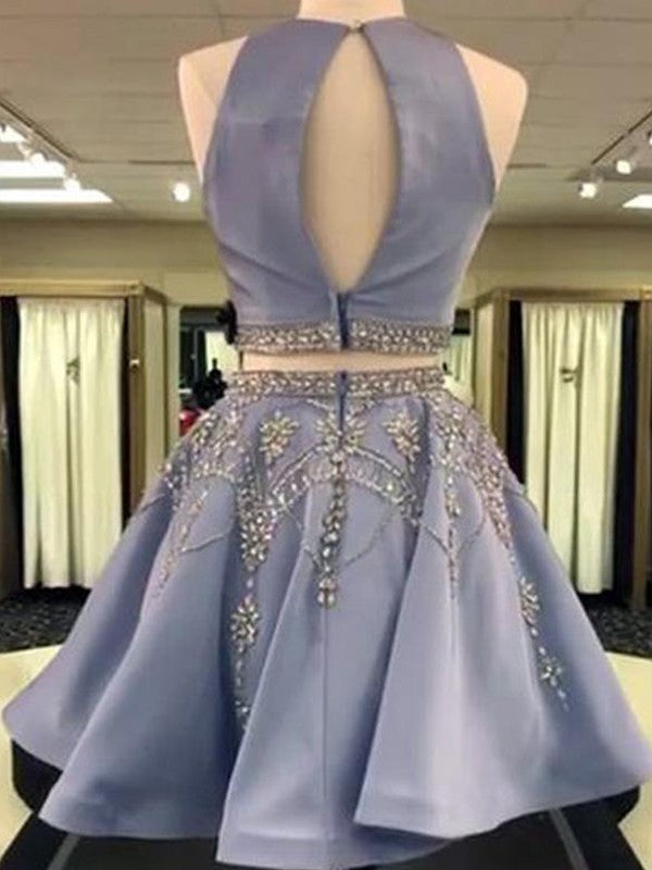 A-Line Sleeveless Bateau Charmeuse With Beading Short/Mini Two Piece Prom Dress