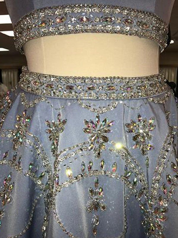 A-Line Sleeveless Bateau Charmeuse With Beading Short/Mini Two Piece Prom Dress