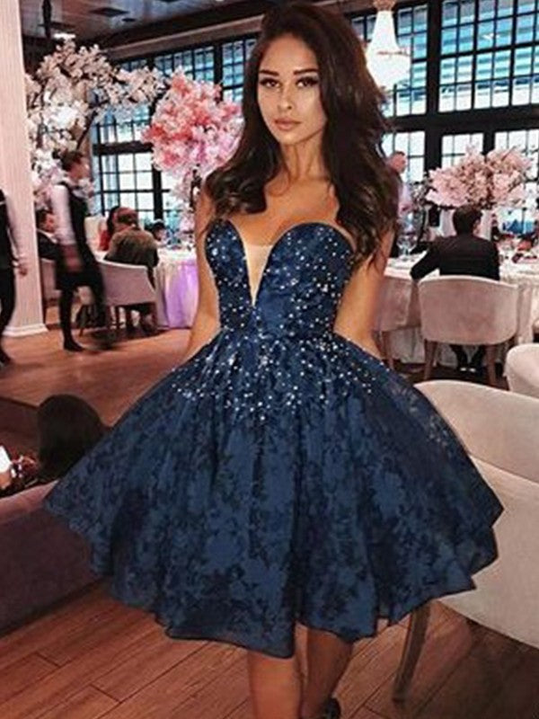 A-Line Sleeveless Sweetheart Satin With Beading Short/Mini Prom Dress