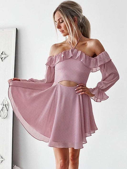 A-Line With Ruffles Off-the-Shoulder Chiffon Long Sleeves Short/Mini Homecoming Dress