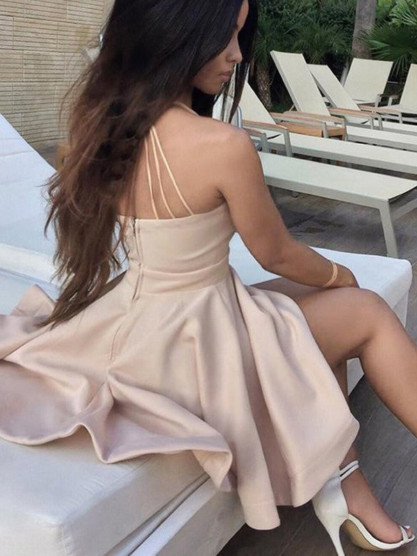 A-Line Charmeuse With Ruffles Sleeveless Spaghetti Straps Short/Mini Homecoming Dress