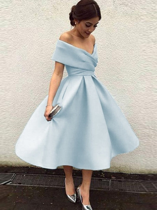 A-Line Sleeveless Off-the-Shoulder Satin With Ruffles Tea-Length Homecoming Dress