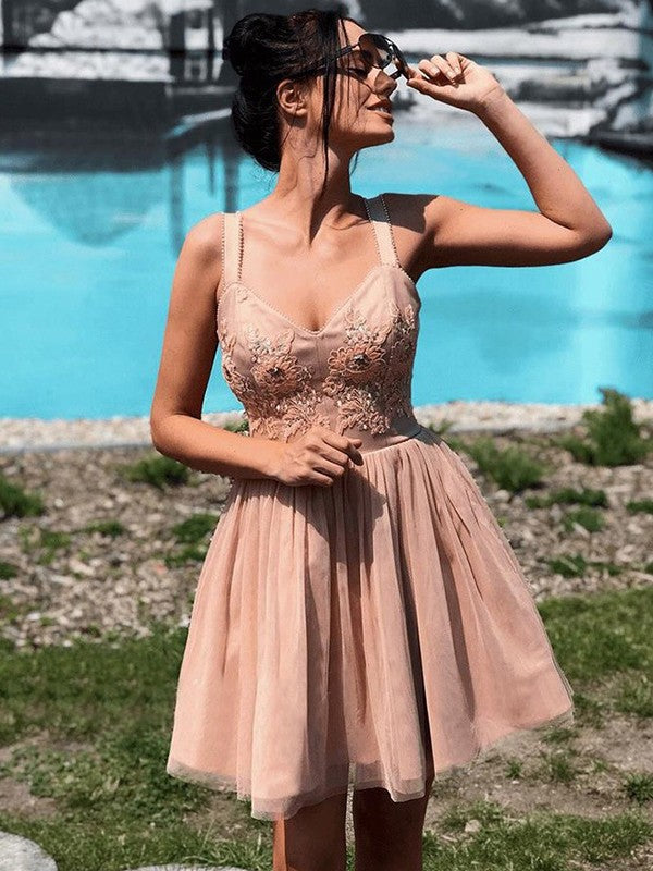 A-Line Sleeveless Straps Tulle With Beading Short/Mini Homecoming Dress