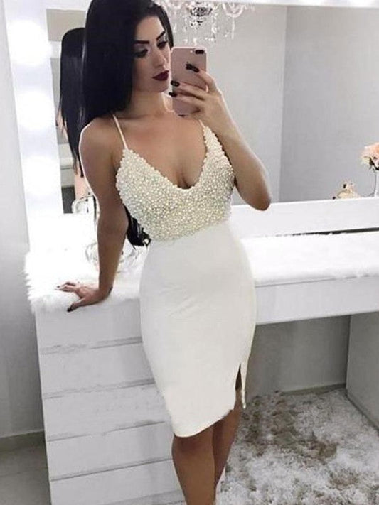 Sheath With Beading Spaghetti Straps Satin Sleeveless Knee-Length Homecoming Dress