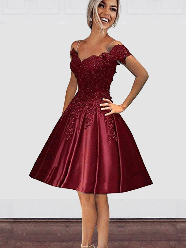 A-Line Off-the-Shoulder Sleeveless Knee-Length With Applique Satin Homecoming Dress