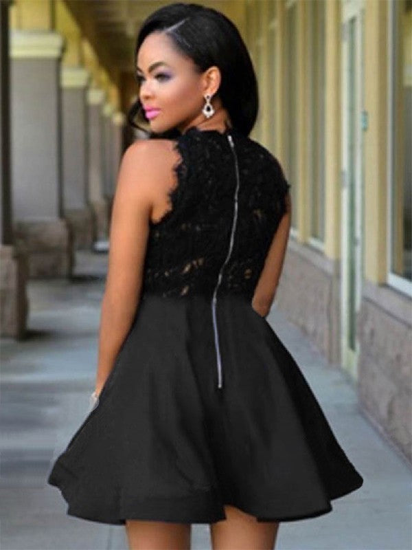 A-Line Jewel Sleeveless Short/Mini With Lace Satin Homecoming Dress
