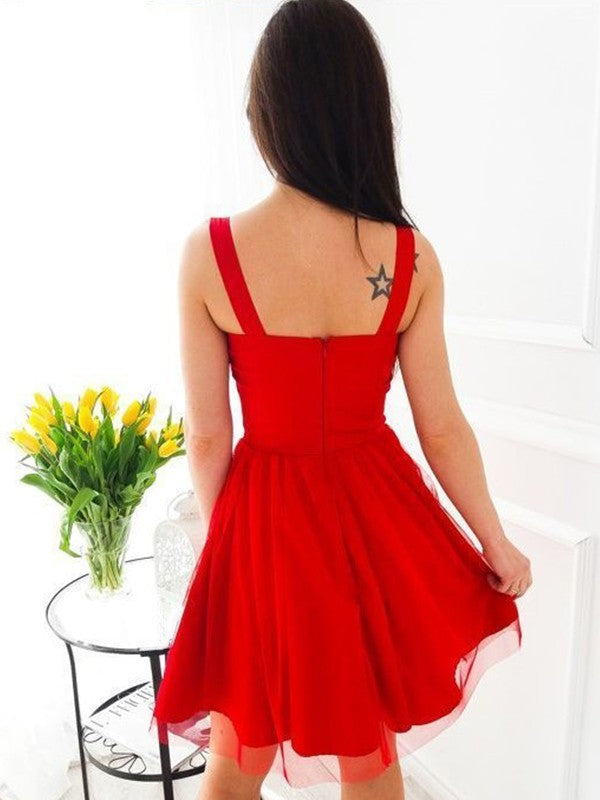 A-Line Sleeveless Straps Tulle With Ruffles Short/Mini Homecoming Dress