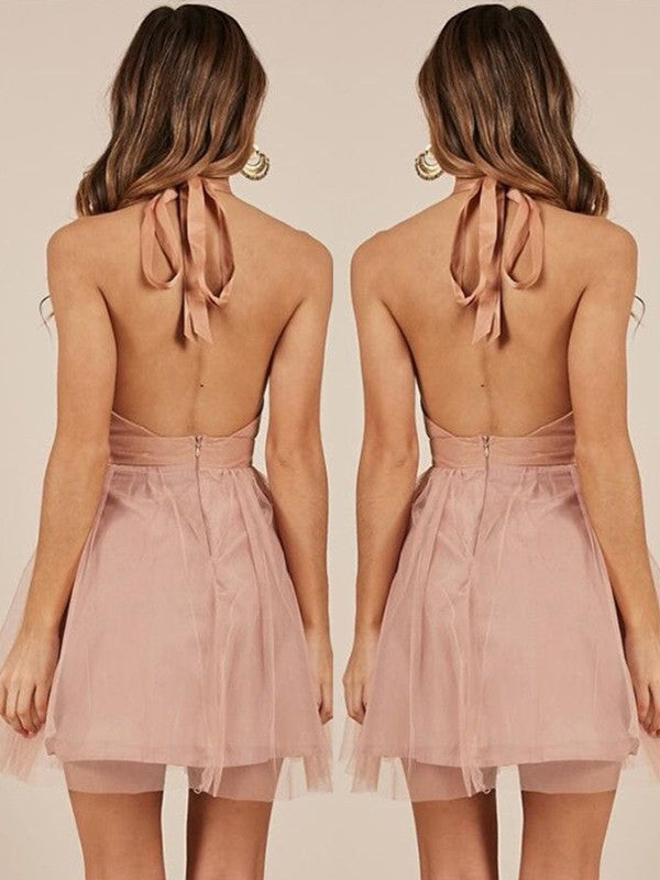 A-Line Sleeveless Halter Tulle With Ruffles Short/Mini Homecoming Dress